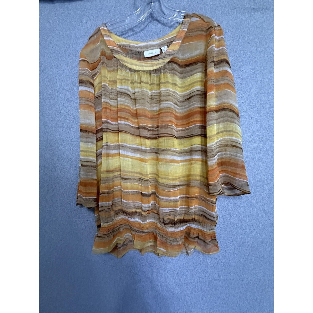 Chico's Blouse Womens 3 Yellow Striped Pleated Hem Tunic Top Sheer 3/4 Sleeve